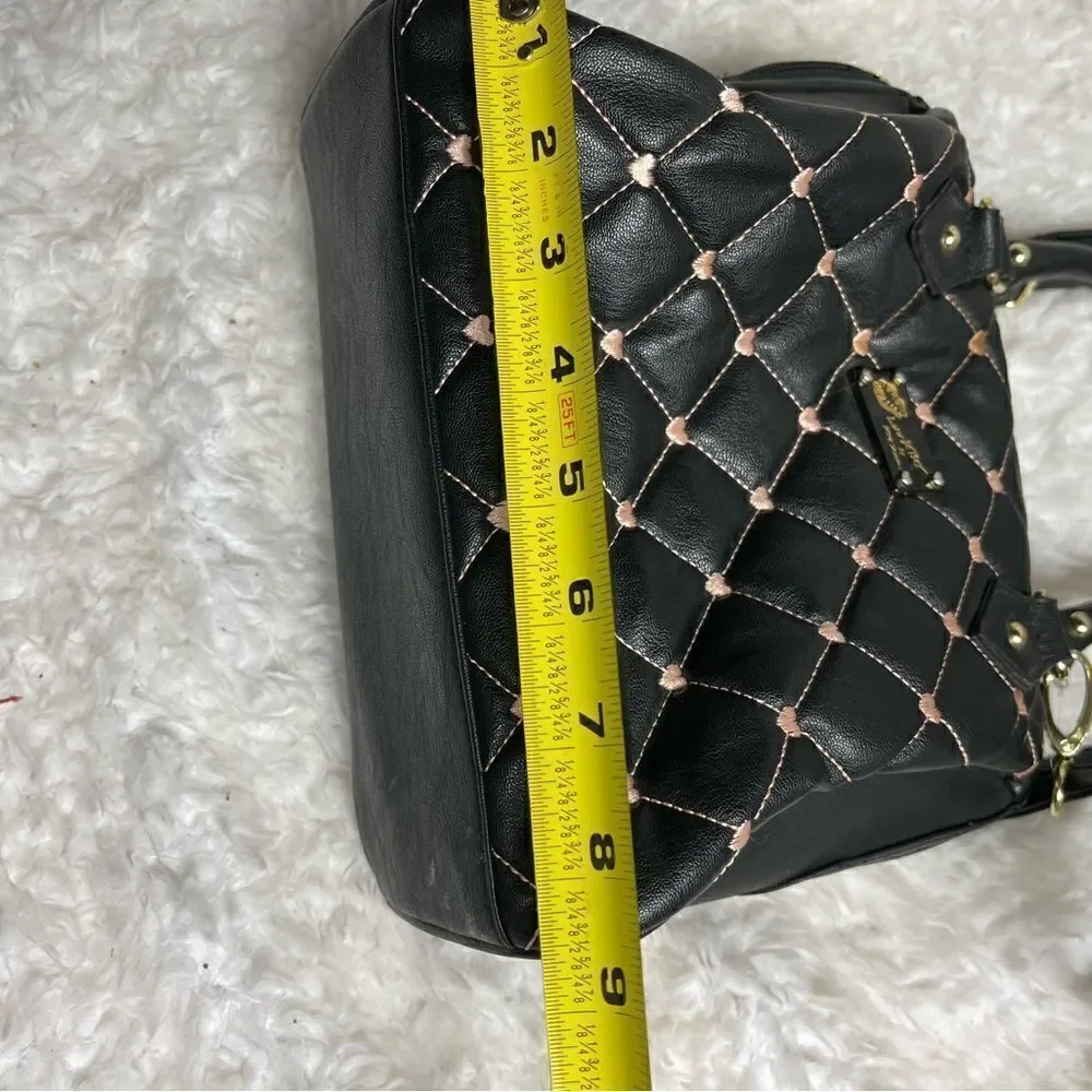 Betsey Johnson small quilted black Boston bag with pink heart embroidery